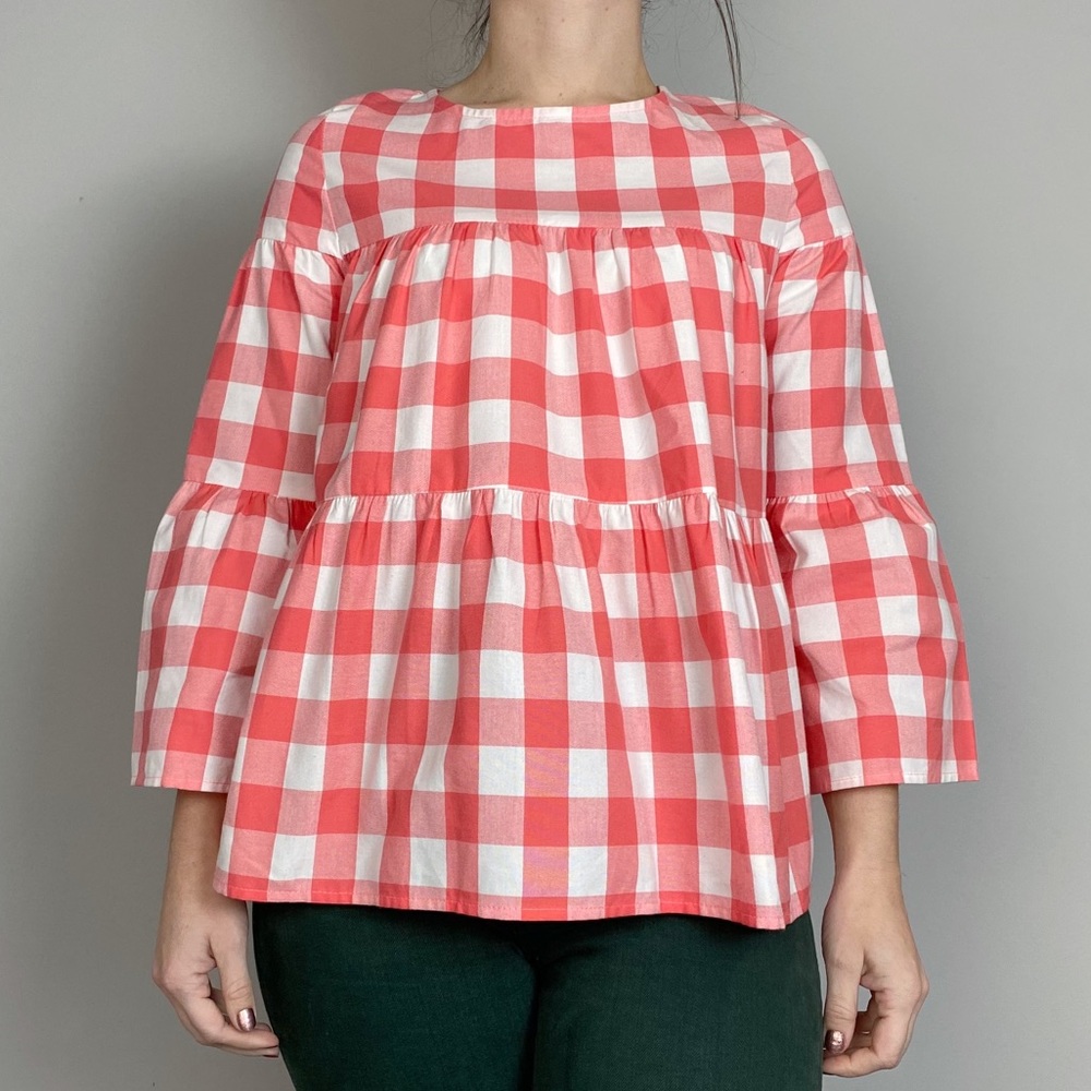 La Roque Original Gingham Checked Bell Sleeve Blouse